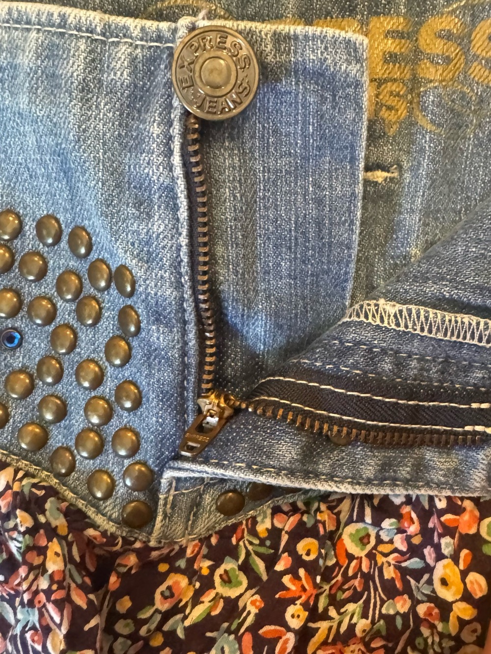 Y2K Express Denim & Floral Ruffle Micro Mini Skirt | Studs Gems Boho Festival - Picture 9 of 13